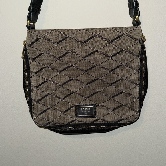 Fossil Purse Preston Canvas Expandable Zipper Geo Pattern Crossbody GUC - Picture 2 of 9